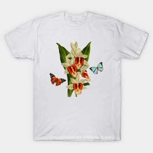 Watercolor of colorful orchid flower and butterflies - vintage flowers T-Shirt